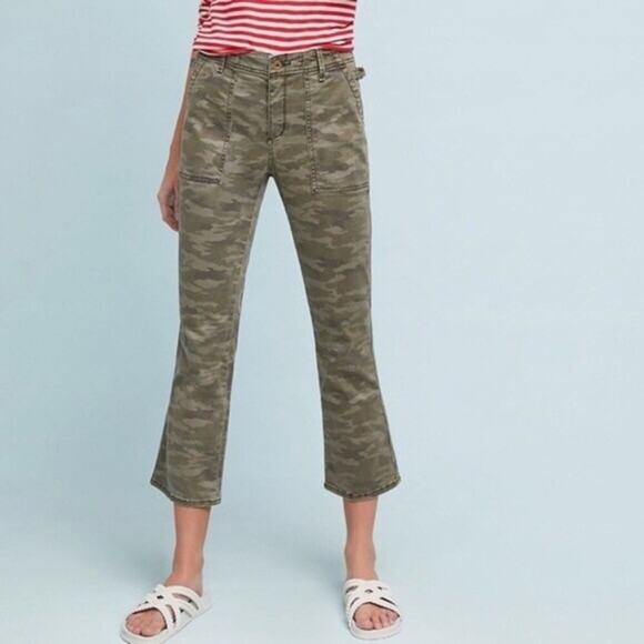 Anthropologie Cargo Pants Green Camo Army Crop Flare Pockets Utility Size 26 - Picture 1 of 10